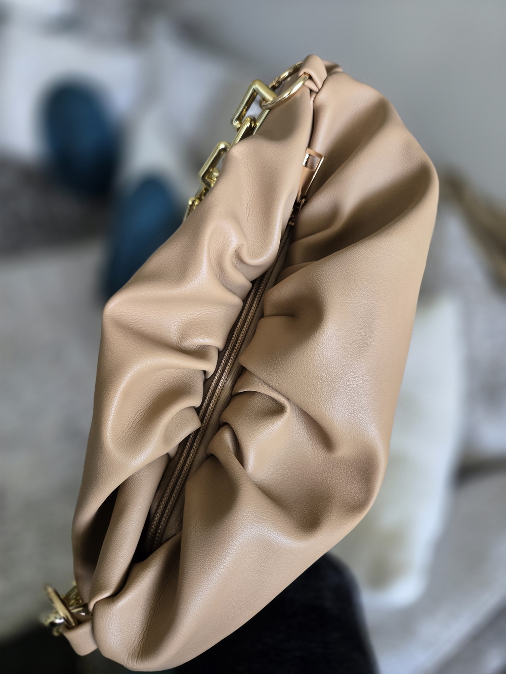 Beige Soft Ruched Shoulder Bag with Gold Chain - Picture 5 of 6